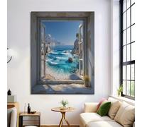 ZISTRCBAO Cuadros Decoracion Marco De Ventana Con Vista Al Mar, 40×50 cm Grandes Laminas Decorativas Pared Dormitorios, Lienzos Decorativos Pared Magnífica Vista Costera Wall Art Comedor Pasillo
