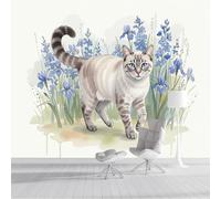 ZISTRCBAO Fotomurales Gato Atigrado Flor De Iris 250x175cm, Papel Tapiz Fotográfico Seda Lindos Animales De Acuarela, Multicolor Decoración De Pared Sala Cuarto Oficina Salón