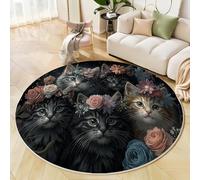 ZISTRCBAO Gris Alfombras Redonda De área 180cm, Flores De Gato En Su Cabeza Alfombra Redonda De Salón, Lindo Animal Lavable Alfombras De área Suaves para Sala De Estar Dormitorio