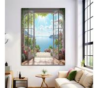 ZISTRCBAO Impresiones Pared Ventana Océano Montañas. Póster Imágenes, Vista Desde La Ventana Póster Cuadros Decoración, Decoracion Salon Modernos Dormitori 70×100 cm, Sin Marco