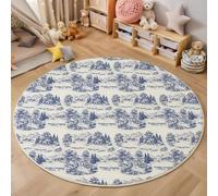 ZISTRCBAO Lavable Alfombras Redondas 100cm Antideslizante Fina Pinos Cascada Casas Alfombra Círculo Redondeada Medallón Estilo Campestre Francés Alfombras De área Salón Dormitorio, Azul