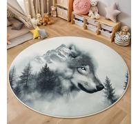 ZISTRCBAO Lobo De Madera Alfombra Redondas 160cm, Animal Retro Tapete Redondo Antideslizante, Gris Alfombra De área Redonda para Salón Sofá Mesa Café Estudio Comedor