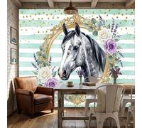ZISTRCBAO Papel Pintado Panorámico Caballo Gris Rosa, Fotomural Moderna 3D 400x280cm Papel Pintado Decoración Hogar Animal De Acuarela De Ensueño Para Salón Dormitorio, Verde Menta