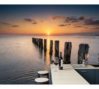 ZISTRCBAO Papel Pintado Panorámico Costa Muelle Estacas De Madera, Fotomural Moderna 3D 400x280cm Papel Pintado Decoración Hogar Tranquilidad Minimalista Para Salón Dormitorio, Naranja