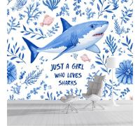 ZISTRCBAO Papel Pintado Pared Panorámico Tiburón De Arrecife De Coral 350x256cm, Papel Tapiz Fotográfico Seda Animales De Acuarela Para Dormitorio Infantil, Azul
