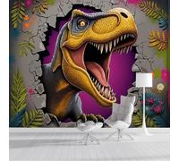 ZISTRCBAO Papel Pintado Pared Panorámico Un Tiranosaurio Rex En 3D Irrumpe A Través De La Pared. 250x175cm, Papel Tapiz Fotográfico Seda Animal De Dibujos Animados Para Dormitorio Infantil, Naranja