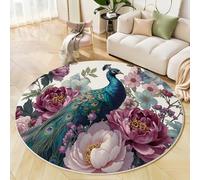 ZISTRCBAO Peonía Pavo Real Alfombra Redondas 60cm, Animales Y Flores En Acuarela Tapete Redondo Antideslizante, Rosa Alfombra De área Redonda para Salón Sofá Mesa Café Estudio Comedor