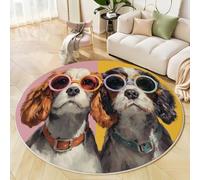 ZISTRCBAO Perro con Gafas De Sol Alfombras Redondas 80cm, Lindo Animal De Acuarela Alfombra Redondo, Amarillo Suave Antideslizante Alfombra para Salón Dormitorio Comedor Hogar