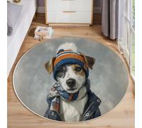 ZISTRCBAO Perro con Sombrero Alfombras Redondas 80cm, Pintura Al Óleo De Un Retrato De Animal Alfombra Redondo, Gris Suave Antideslizante Alfombra para Salón Dormitorio Comedor Hogar