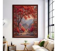 ZISTRCBAO Pintura De Ventanas De Madera Campos Arces Rojos Sobre Lienzo, Paisaje Realista De Otoño Pósters De Arte De Pared, Art De Pared Rojo, Decoración Para El Hogar Sala De Estar 30×40 cm