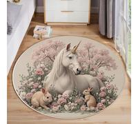 ZISTRCBAO Rosa Alfombras Redonda De área 180cm, Caballo Blanco del Bosque Alfombra Redonda De Salón, Animal De Acuarela Lavable Alfombras De área Suaves para Sala De Estar Dormitorio