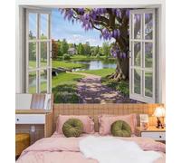 ZISTRCBAO Tapiz De Pared Glicinias Lago Iglesia 230x180cm, Decoración De Pared Vista De Ventana 3D Del Paisaje Rural Europeo Estética Tapiz De Paño Decor Para Habitacion Dormitorio Salon, Verde