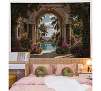 ZISTRCBAO Tapiz De Pared Palmeras Piscina Arco 150x130cm, Decoración De Pared Mansión Tropical Americana Estética Tapiz De Paño Decor Para Habitacion Dormitorio Salon, Beige