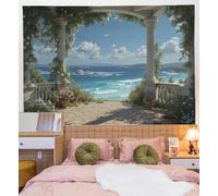 ZISTRCBAO Tapiz De Pared Terraza Arqueada Playa Océano 100x75cm, Decoración De Pared Estilo Mediterráneo Fresco Estética Tapiz De Paño Decor Para Habitacion Dormitorio Salon, Azul