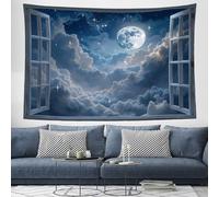 ZISTRCBAO Tapiz Ventana Luna Llena Cielo Estrellado Dormitorio, Vista Nocturna De Ensueño Tapiz Azul Profundo Microfibra Decoración De Pared Para Comedor Corredor Balcón Salón Apartamento 150x100cm