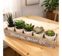 Zithgen 5 PCS Plantas Suculentas Artificiales, Plantas Artificiales Decorativas Planta Artificial Pequeñas Planta Artificial de Maceta con 1 Soporte de Madera para Decoración de Casa Oficina