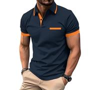 zitysport Polo Hombre Manga con Bolsillo en el Pecho Golf Polo Transpirable de Secado Rápido Poloshirt Deporte Slim Fit Tshirt Verano Camisa Hombre(Orange Navy Blue-3XL)