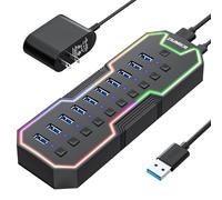 ZIUMIER Hub USB alimentado, concentrador USB 3.0 de 10 puertos con tira LED RGB y adaptador de corriente de 12 V/2 A, extensión USB para MacBook, Mac Pro, Mac mini, iMac, Surface Pro, XPS, PC, unidad