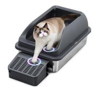 Zivacate Caja de Arena para Gatos de Acero Inoxidable (XXL, 60×40 cm) - Bandeja con Rampa de Entrada Inclinada, Bordes Altos, Pala, Plataforma, Antiadherente y Antiolores, Gris