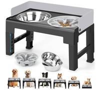 Zivacate Comedero Perro Elevado de 6 Alturas Ajustables y Reclinable, 2 comederos de Acero Inoxidable, 1 comedero de alimentación Lenta, Comederos Elevados para Perros Pequeños, Medianos y Grandes