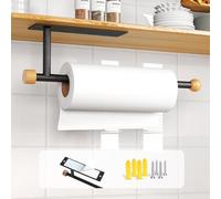 Zivacate Portarrollos de Cocina sin taladrar, [Acentos Estéticos de Madera] Porta Rollos Papel Cocina Pared, Soporte Rollo Papel Cocina, Portarrollos de Pared (Negro Mate)