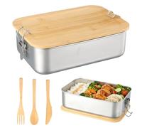 Ziyonix 1400 ml Fiambrera de Acero Inoxidable, Lunch Box Sin BPA con Huego de Cubiertos y Tapa de Bambú Fiambrera Bento Box para Oficina Escuela Viajes