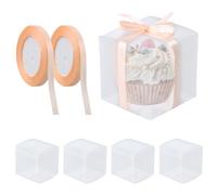 Ziyonix 50 Piezas Caja de Regalo Transparente con 2 Rollos de Cintas, 7x7x7cm Caja de Plástico Cubos, Cajas de Embalaje de PVC para Cupcake,Cajas de Dulces Plegable para Bodas Fiestas Cumpleaños