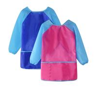 Ziyonix Delantal Infantil Pintura Impermeable Delantales Niño de 5 a 8 Años 2Pcs, Bata Impermeable Niño delantal con Mangas Larga y 3 Bolsillos, para Artes, Manualidades, Pintura, Cocina, Rojo+Azul