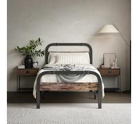 ZIYOO Marco de cama de metal de tamaño individual con cabecero y estribo de madera rústica, plataforma de cama industrial, soporte de listones de acero resistente de 14 pulgadas de alto, no necesita