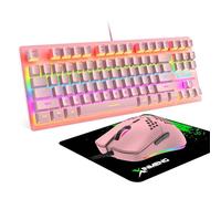 ZIYOU LANG Rosa Juego de Teclado y Mouse para Juegos con Cable, 87 Teclas QWERTY Compacto del 80% TKL, Interruptor Azul Clic Teclado Mecánico con Luz LED Arcoíris + Mouse Ligero de Panal de Abeja