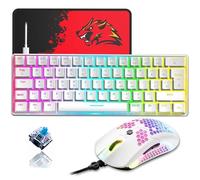 ZIYOU LANG T60 Teclado Y Mouse Mecánicos para Juegos 60% [diseño del Reino Unido] - Mini Teclado Ergonómico con Iluminación RGB Tipo C - Ratón De Panal USB De 12000 PPP - White + Interruptor Azul