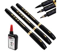 zizitips Set de 3 Plumas de Caligrafía Japonesa y China, Pinceles Shodo con Tinta Negra Recargable 15ml, Puntas Fina, Media y Gruesa para Escritura, Dibujo, Arte, Principiantes, Escuela y Oficina