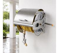 ZJHHRZ Carrete de Manguera de Pared o de Pie, Acero Inoxidable 304, Capacidad 50 m, Manivela Lateral, Racores de Latón y Boquilla Multichorro para Jardín, 10m, 10m