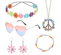 ZJILIXIA 5 Piezas Accesorios Hippie Mujer,Accesorios Disfraz Fiesta Hippie,Pendientes Margaritas,Pulseras,Gafas Vintage,Colares De Sinal Paz,Flores Diademas,Para Fiesta Halloween Carnaval Años 70 60