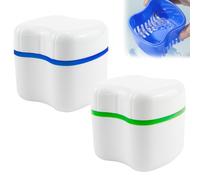 ZJIVQO Caja de dentadura postiza, 2 unidades, contenedor de dientes falsos con estuche de retención de colador para limpieza de retenedores de viaje, verde, verde lago