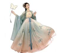 ZJLZJLO Vestido Hanfu Estilo Dinastía Tang Para Mujer - Conjunto De Túnica De Manga Ancha Con Bordado Floral En Degradado Verde Y Rosa,M