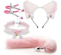 ZJPOJPH Tapón anal de acero inoxidable con diadema de orejas de zorro, juego de 4 piezas, tapón anal con forma de cola de zorro y gato, consolador anal, bola anal, juguetes sexuales for mujeres y pare