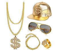 ZJRung Kit de Disfraces de Hip Hop Pulsera Collar y Anillo de Dólar Gafas de Sol Doradas y Gorra de Hip Hop Decoraciones de Accesorios de Rapero 80s/ 90s para Fiestas Conciertos de Rap