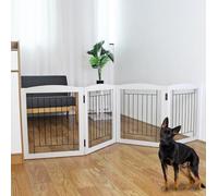 ZJSF Puerta plegable independiente para perros para casa extra ancha de madera blanca para cachorros, escaleras, puertas para perros, puertas altas para mascotas, valla de 4 paneles, 203 cm de ancho x