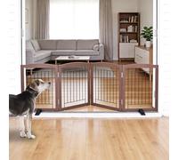 ZJSF Valla independiente para perros, puerta plegable para perros, para puertas, escaleras o pasillos, puerta de madera resistente extra ancha para mascotas con pies de apoyo para la casa, marrón, 24