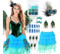 ZJTAPE Disfraz de pavo real para mujer, accesorios para carnaval, falda de tul azul y verde, falda tutú con plumas de pavo real, piedras brillantes, cara, uñas de pavo real, guantes de tatuaje, para