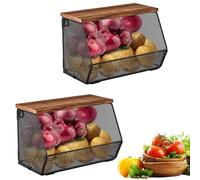 Zjyufy Cestas de Fruta Apilables para Encimera de Cocina, Cestas Colgantes de Malla Metálica con Tapa de Madera, Organizador de Cocina de 2 Unidades para Almacenar Snacks, Cebollas y Patatas