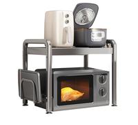 Zjyufy Estante expandible para horno microondas, estante de 2 niveles, estante de cocina de acero al carbono, estante de cocina con soporte para tabla de cortar, 6 ganchos, estantes de almacenamiento