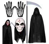 Zkaoai Juego de capa de Halloween, capa negra con capucha + máscara de cara de Halloween + guantes de esqueleto + guadaña de la muerte, disfraz de esqueleto de Halloween, capa de bruja de Halloween