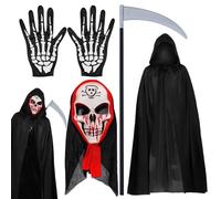 Zkaoai Juego de capa de Halloween, capa negra con capucha + máscara de cara de Halloween + guantes de esqueleto + guadaña de la muerte, disfraz de esqueleto de Halloween, capa de bruja de Halloween