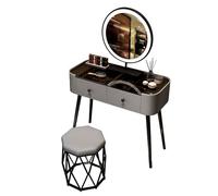 ZKBDBWTR Tocador Maquillaje de Madera Maciza, Tocador de Mesa de Vidrio Templado con Espejo de Luces LED, Tocador Niña con 2 Cajones para Dormitorio