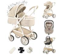 Zkiprm Cochecito 3 en 1, cochecito de ciudad con asiento de coche, cochecito de piel plegable de un solo gesto con revestimiento de lluvia y marco de aluminio para 0-4 años, color caqui