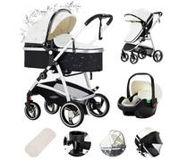 Zkiprm Cuero Cochecito 3 en 1 Sistema de Viaje con Capazo y Silla de Coche - Plegable, Ruedas PU con Suspensión, Incluye Mosquitera, Cubrepies y Funda de Lluvia (Bebés de 0 a 48 Meses) Blanco