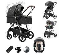 Zkiprm Cuero Cochecito 3 en 1 Sistema de Viaje con Capazo y Silla de Coche - Plegable, Ruedas PU con Suspensión, Incluye Mosquitera, Cubrepies y Funda de Lluvia (Bebés de 0 a 48 Meses) Negro