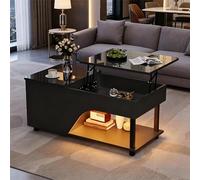 ZKLOEP 50 x 100 x 46 cm, altura ajustable, mesa de centro calada con luz LED de alto brillo, mesa de té con estante lateral, con espacio de almacenamiento oculto, color negro